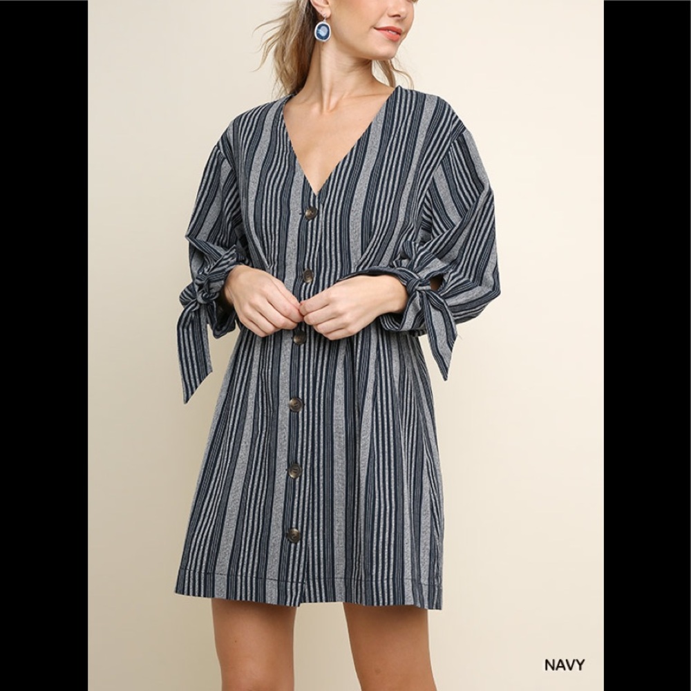 Umgee striped puff sleeve button up dress NWT